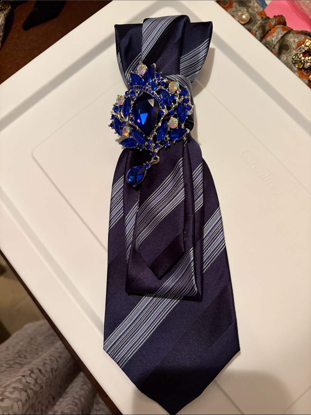 croft & barrow Navy Striped Scarf with Blue Crystal Brooch